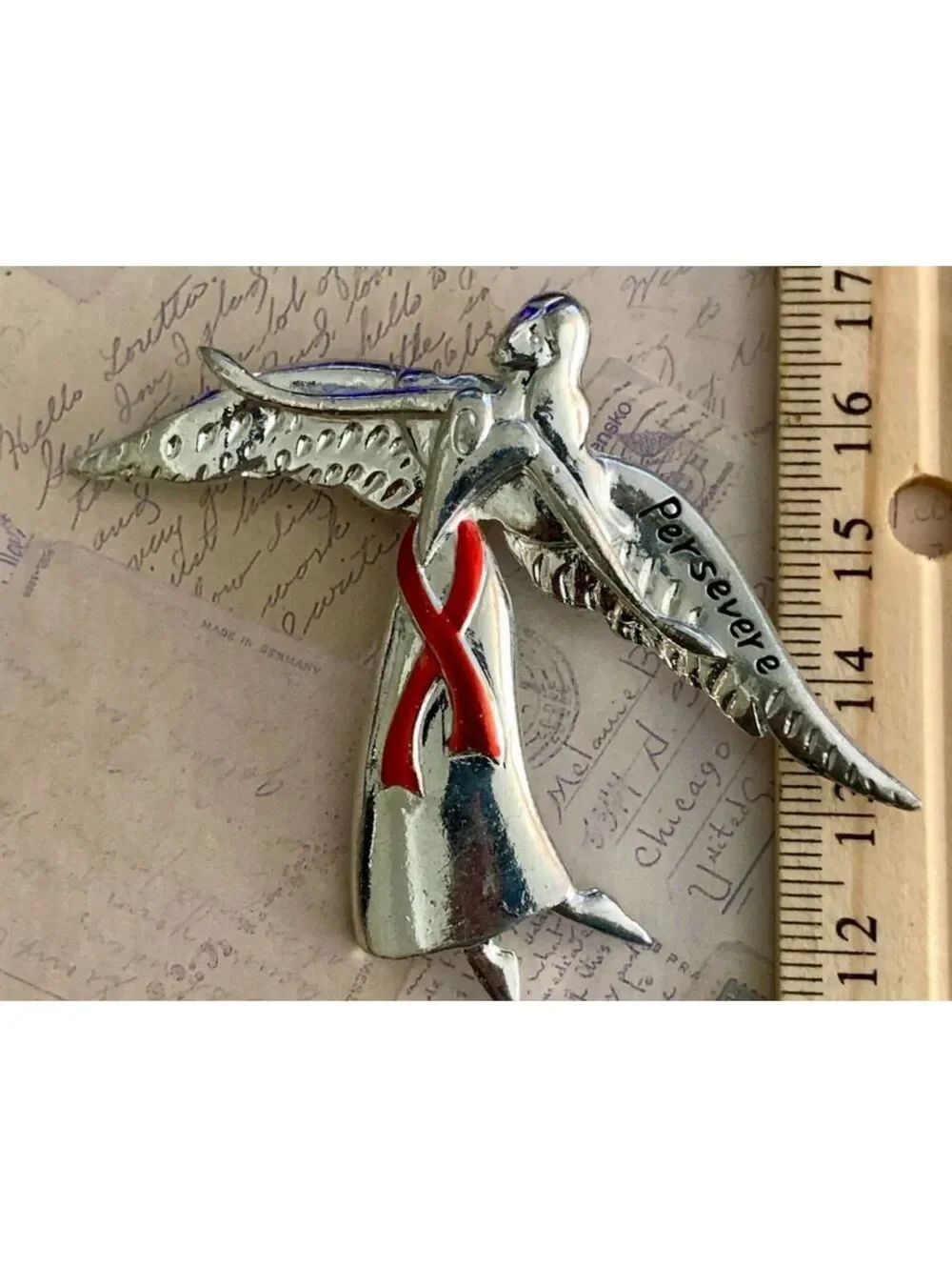 Vintage Breast Cancer Silver Bird Brooch with Red Ribbon 'Persevere' Script Pin